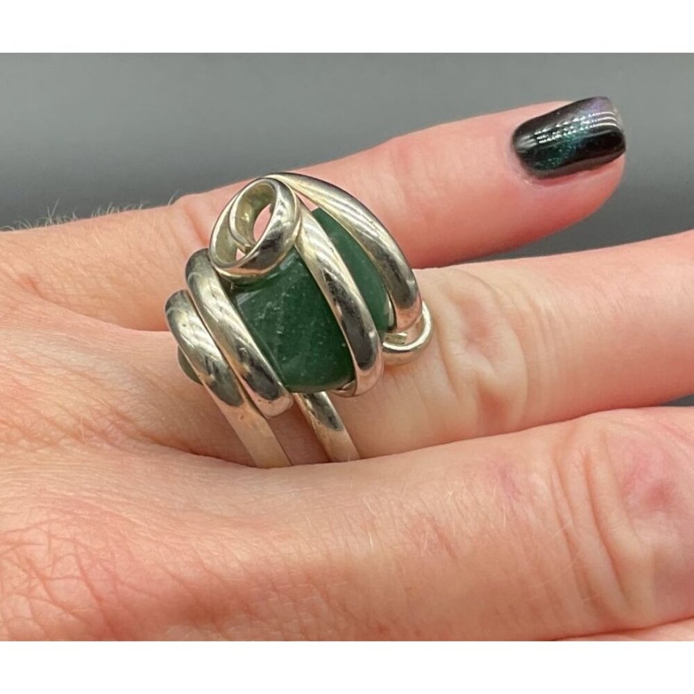 Adjustable Sterling Silver Ring Size 7/8 With Agate Stone Abstract Swirl Design